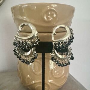 Vintage Tribal Hoop Earrings Black Beads Oxidized Silver Clips